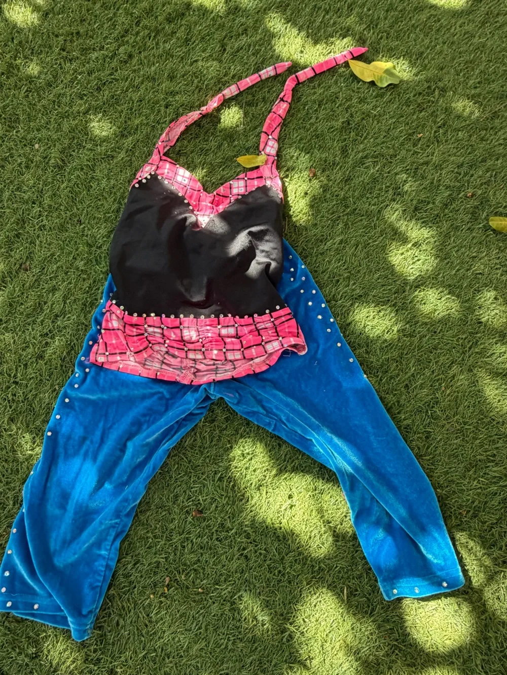 Girls’ Black & Pink Halter Top with Blue Studded Pants Set